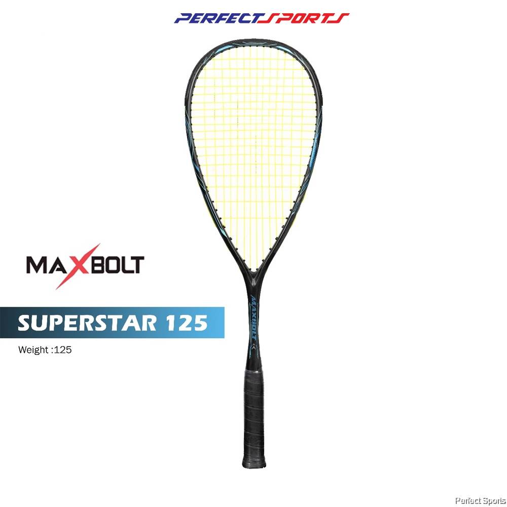 [Free String + Grip] MAXBOLT SUPERSTAR 125 BLACK/BLUE SQUASH RACKET